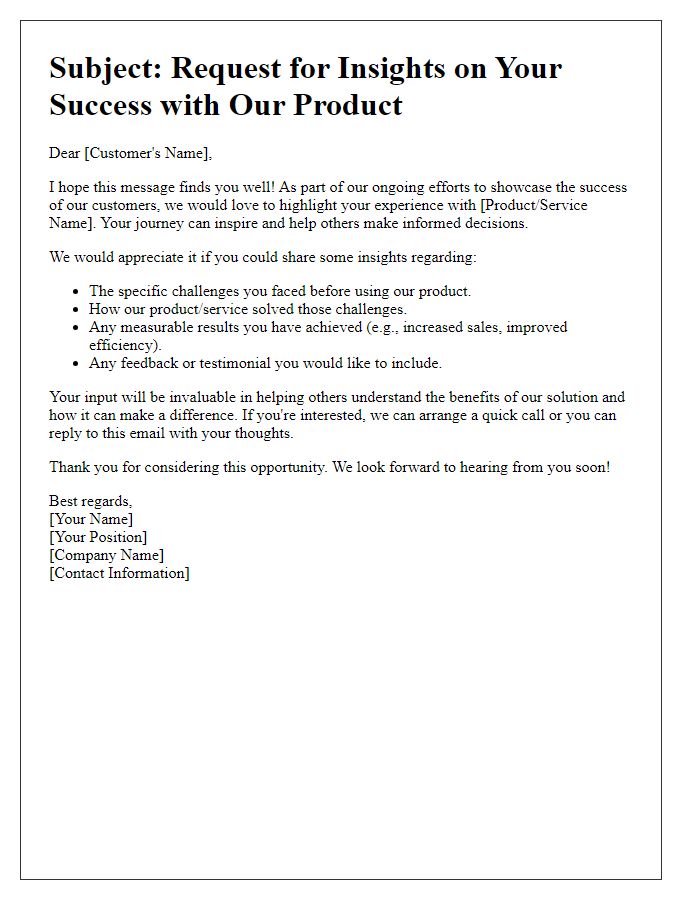 Letter template of customer success story ask for insights and results