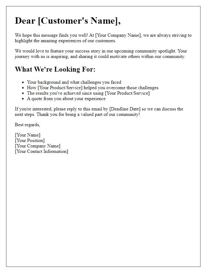 Letter template of customer success story collection for community spotlight