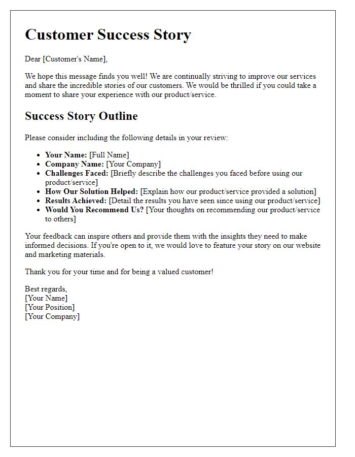 Letter template of customer success story prompt for featured reviews