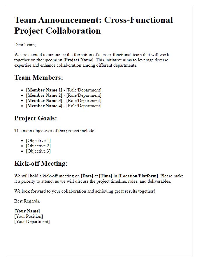 Letter template of team announcement for cross-functional teamwork