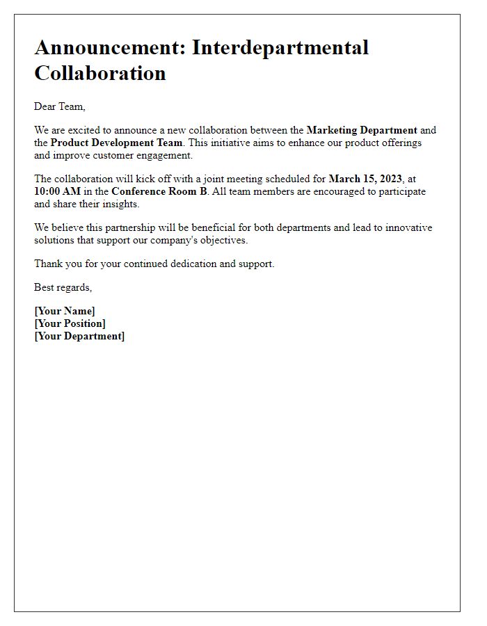 Letter template of team announcement for interdepartmental collaboration