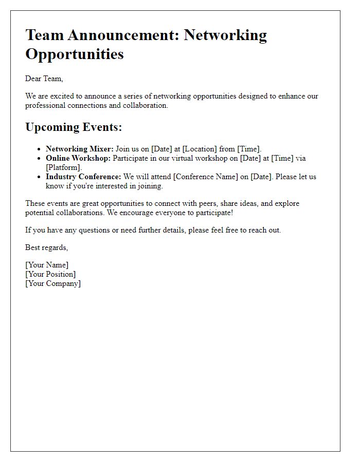 Letter template of team announcement for networking opportunities