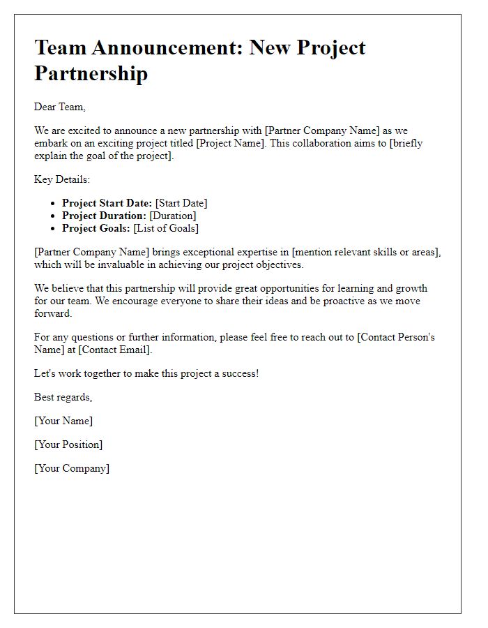 Letter template of team announcement for project partnership