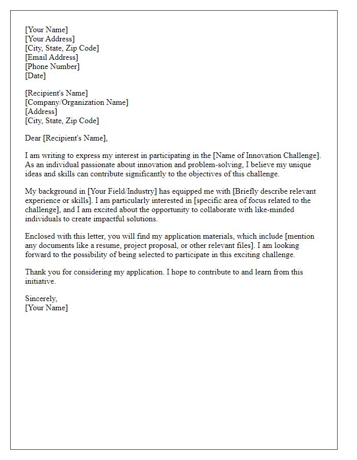 Letter template of application for innovation challenge