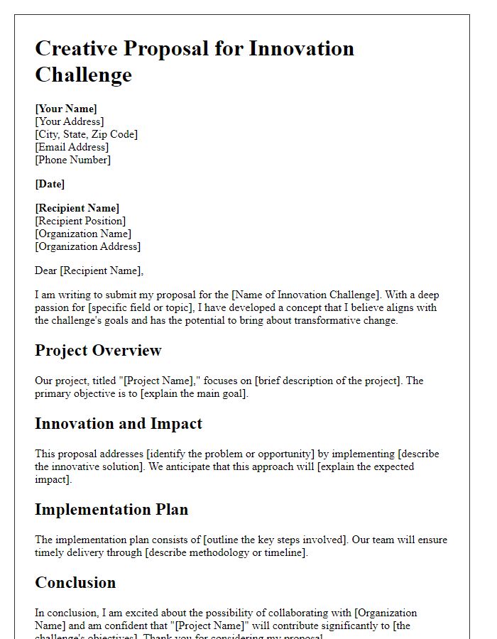 Letter template of creative proposal for innovation challenge