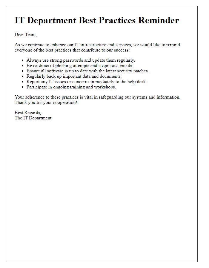 Letter template of IT department best practices reminder