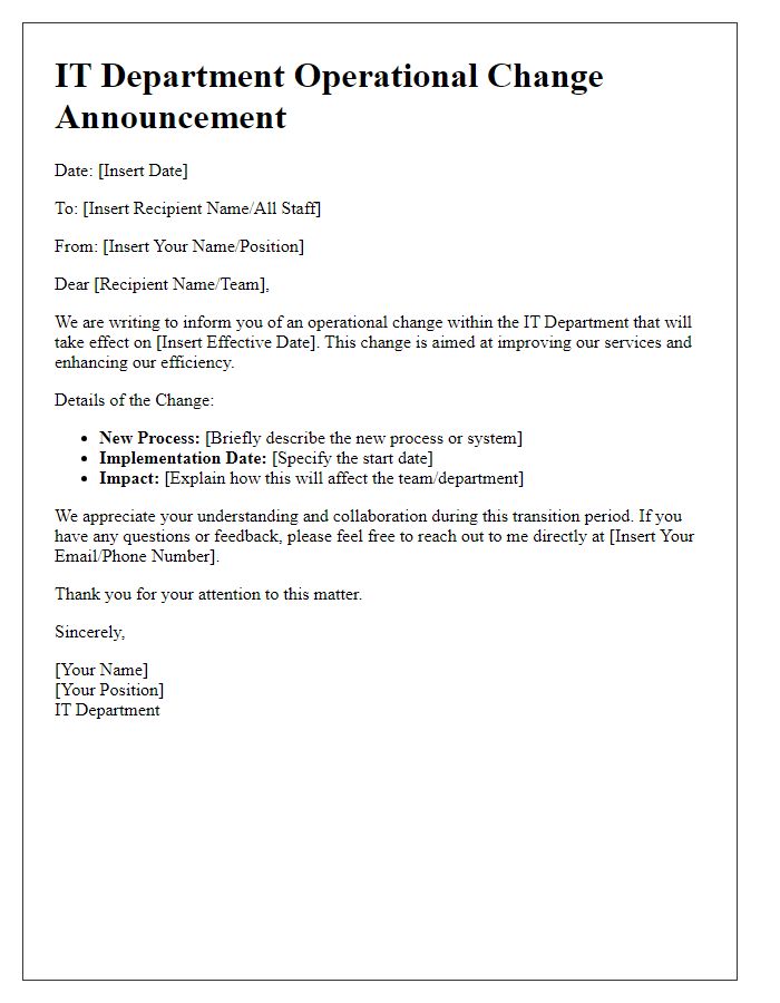 Letter template of IT department operational change announcement