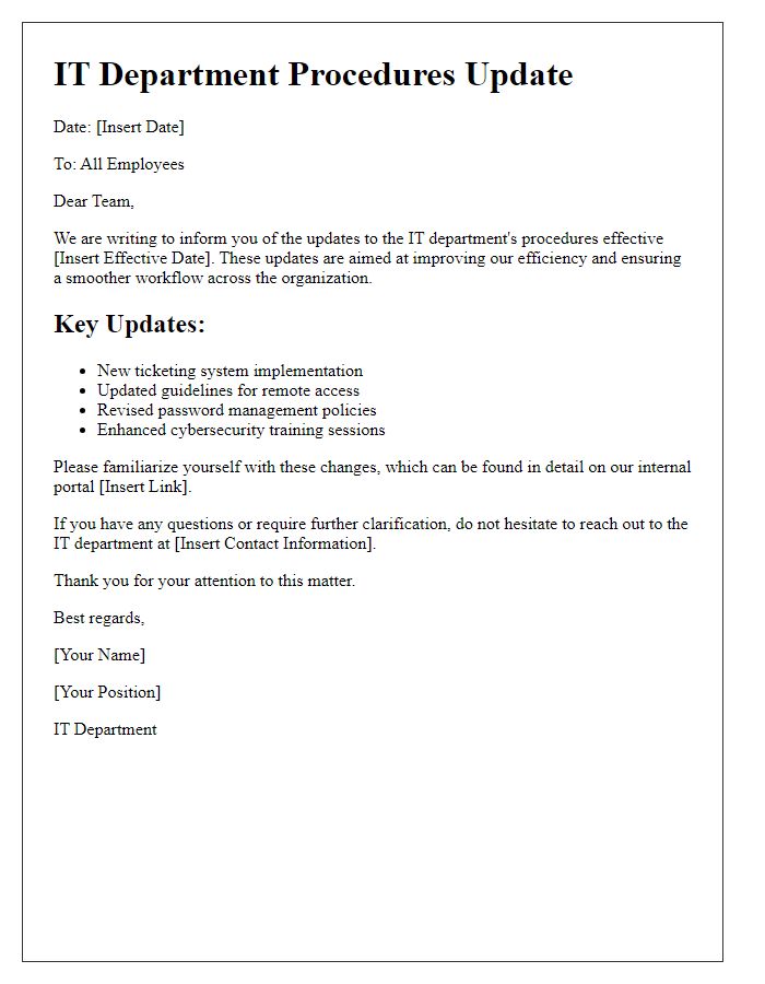 Letter template of IT department procedures update