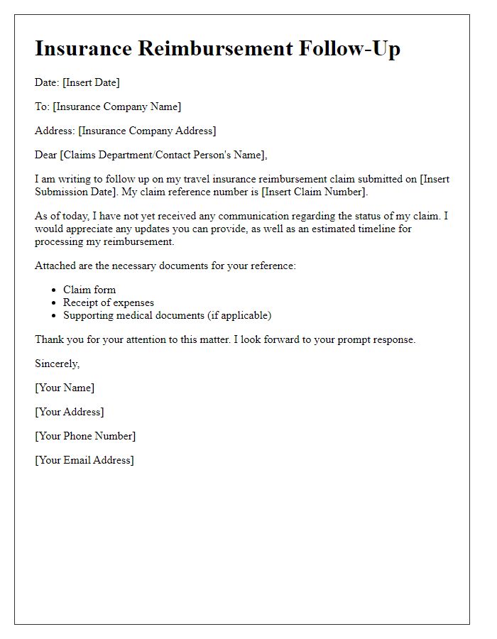 Letter template of insurance reimbursement follow-up for travel insurance.