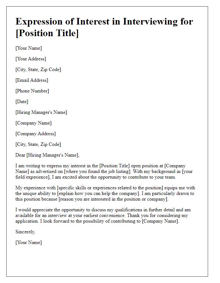 Letter template of expression of interest in interviewing for an open position.