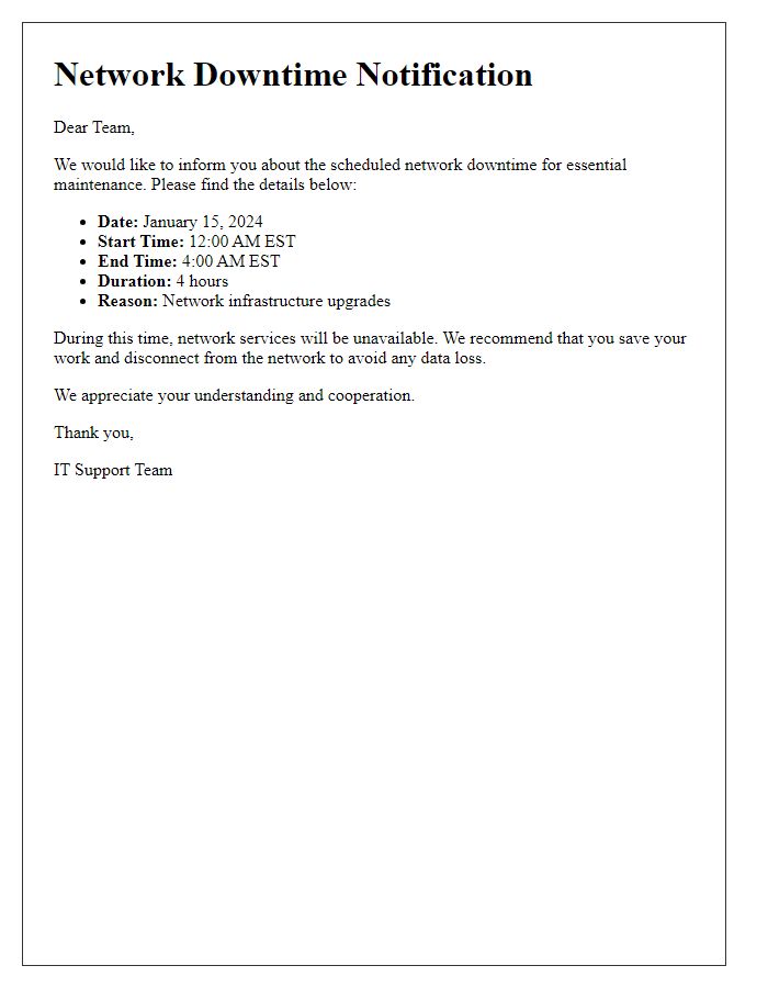 Letter template of network downtime schedule details