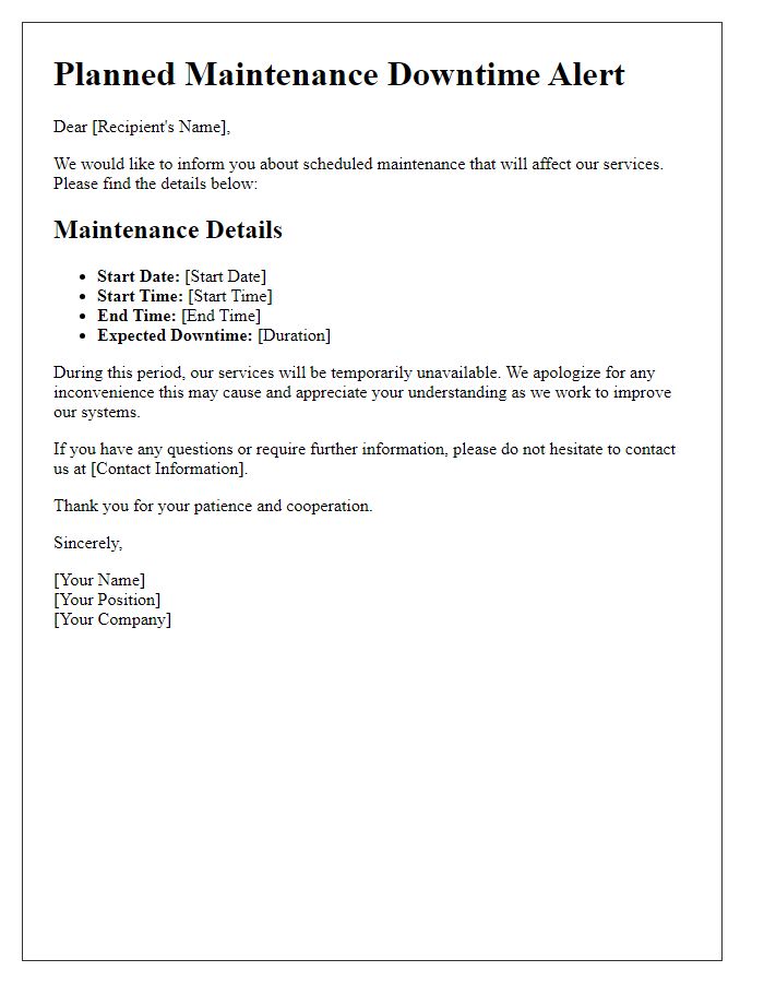 Letter template of planned maintenance downtime alert