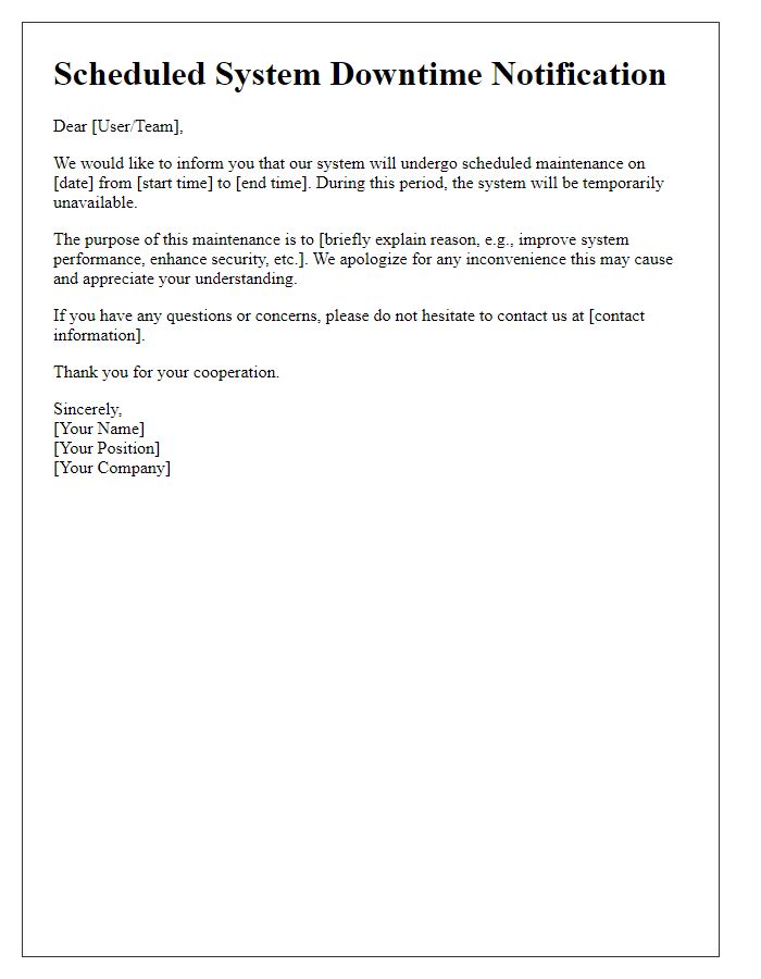 Letter template of scheduled system downtime notification