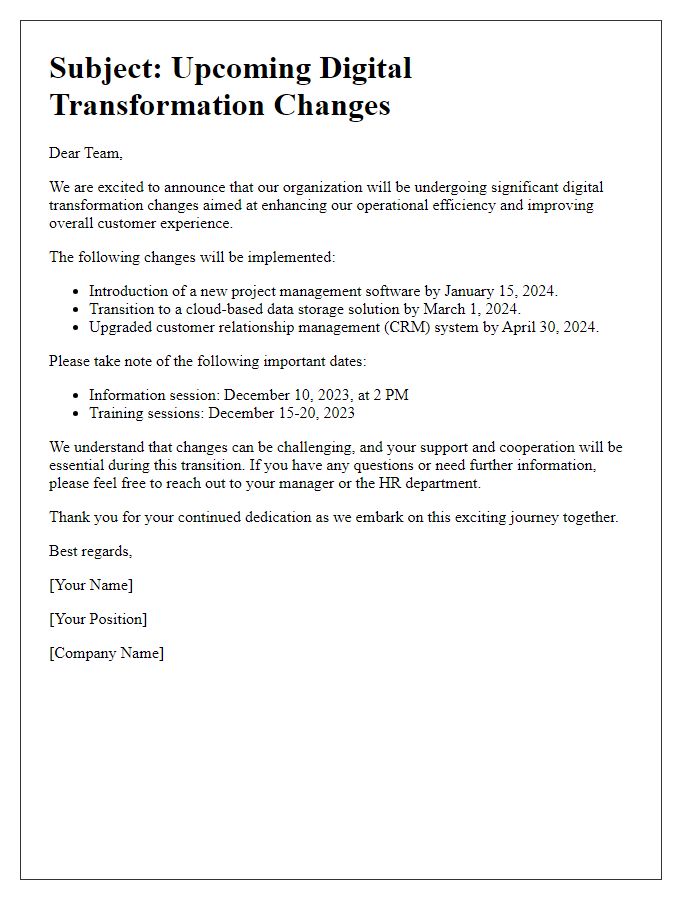 Letter template of upcoming digital transformation changes