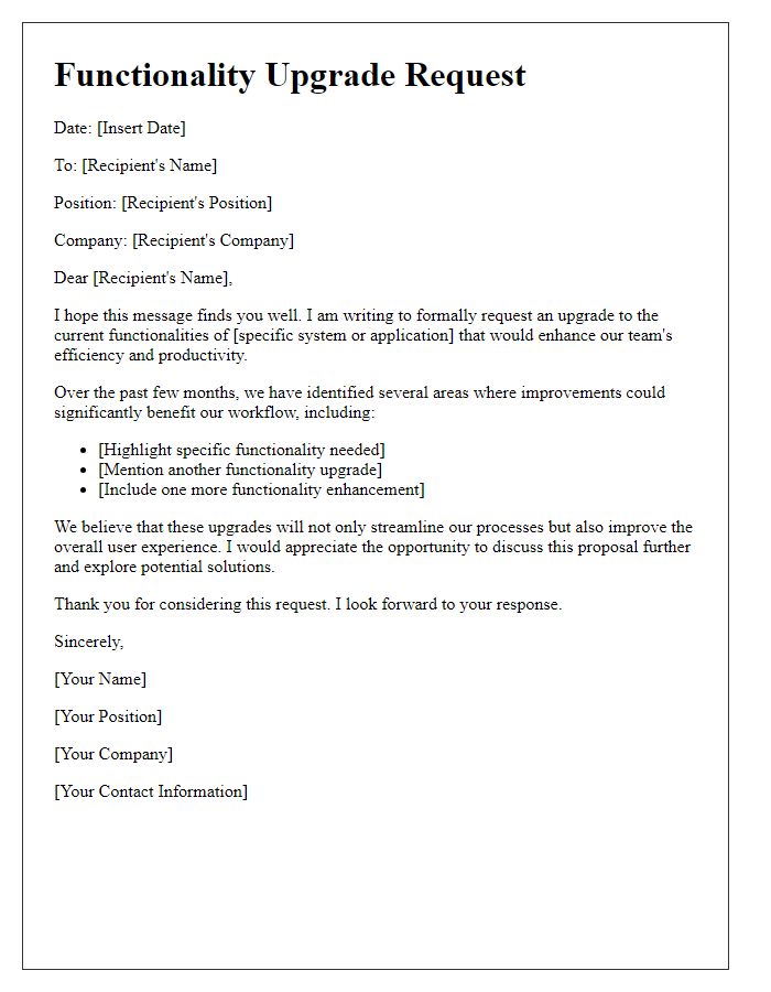 Letter template of functionality upgrade request.