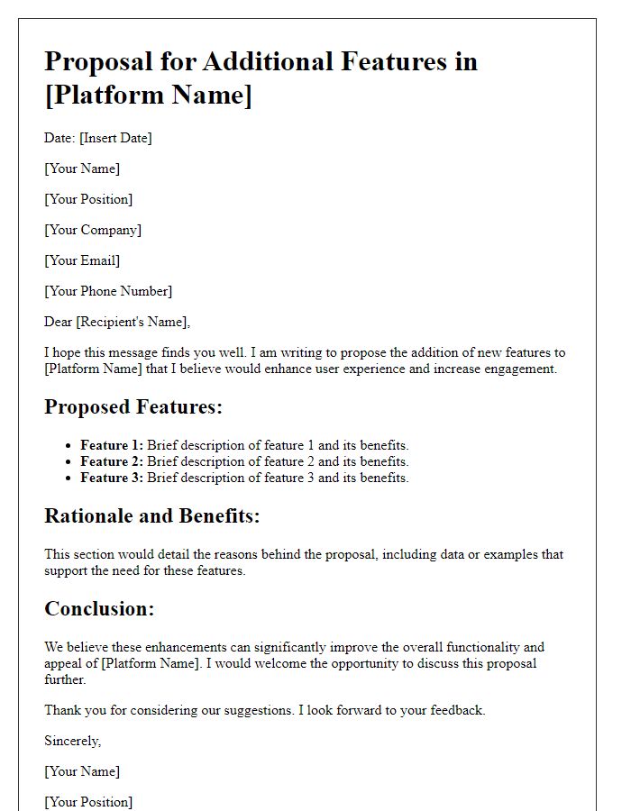 Letter template of proposal for additional features in platform.