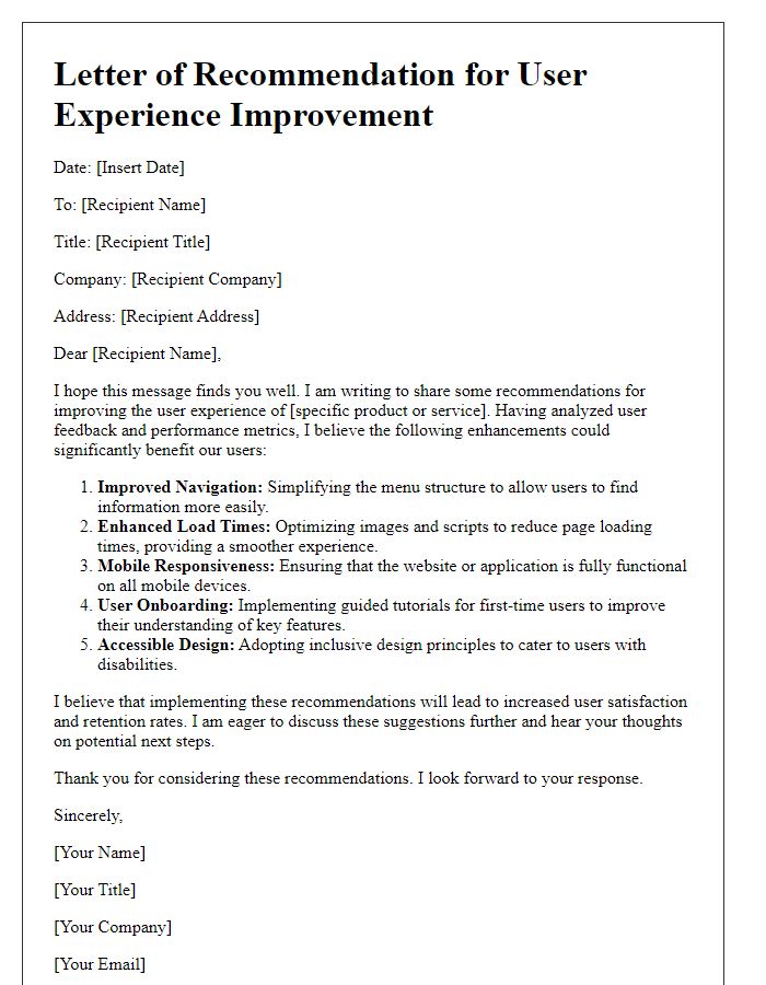 Letter template of user experience improvement recommendation.