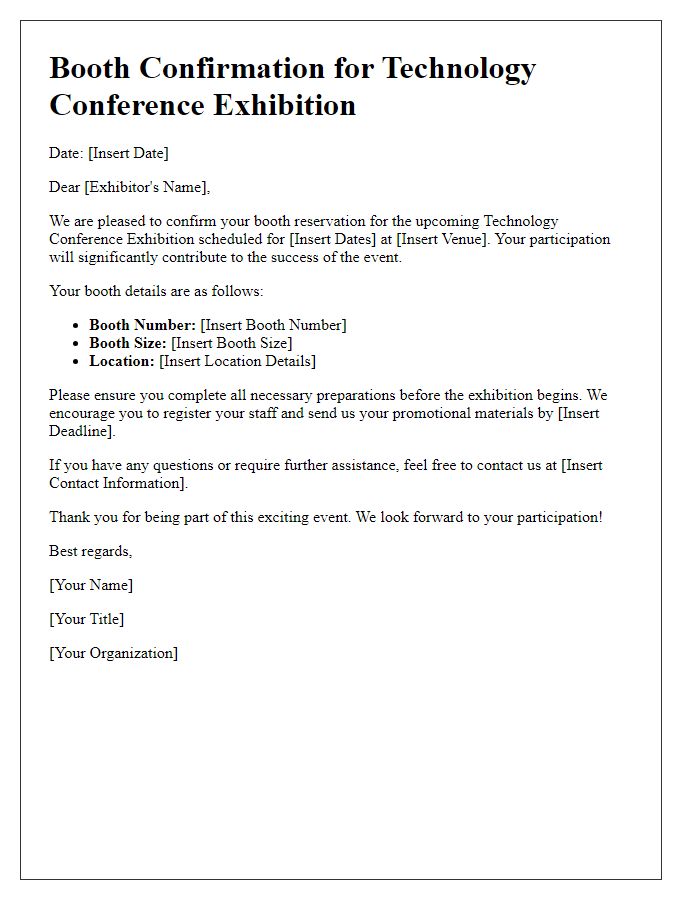 Letter template of booth confirmation for technology conference exhibition