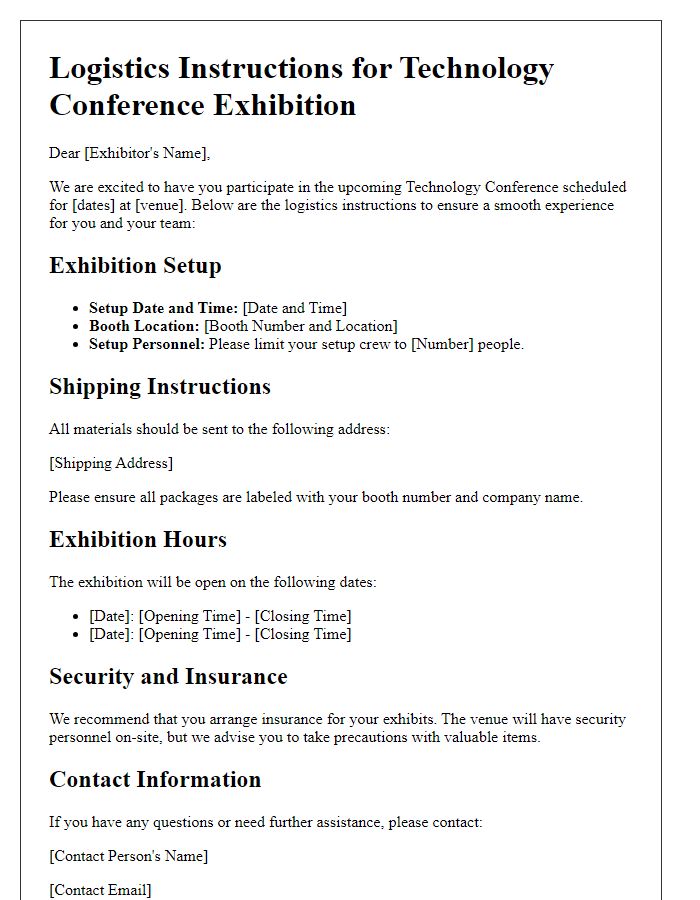 Letter template of logistics instructions for technology conference exhibition