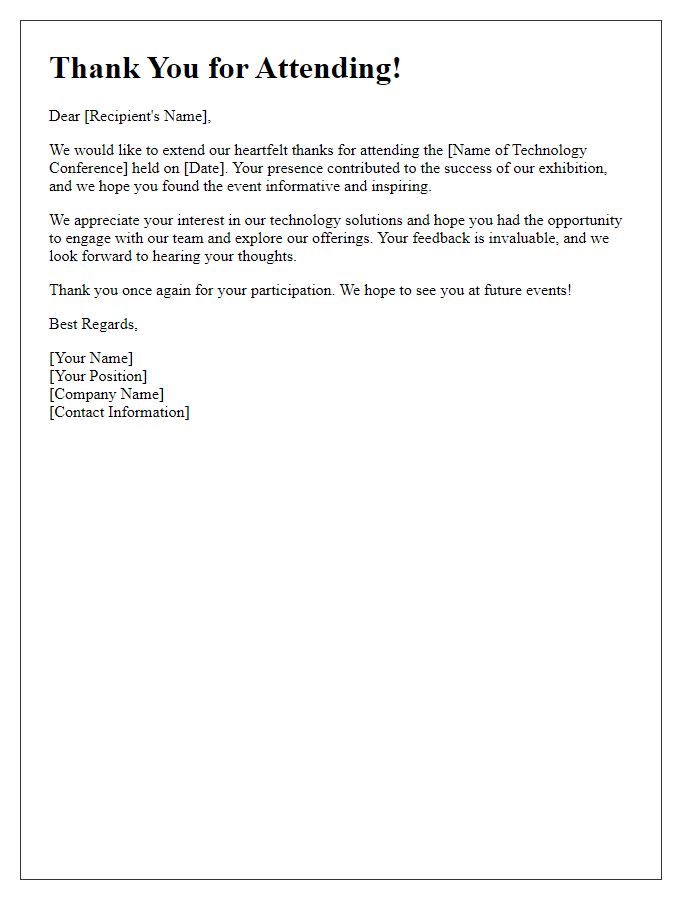 Letter template of thank you note for attending technology conference exhibition