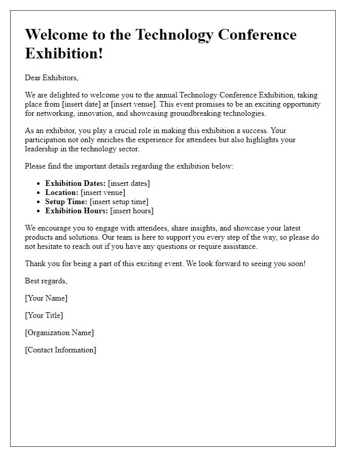 Letter template of welcome message for exhibitors at technology conference exhibition