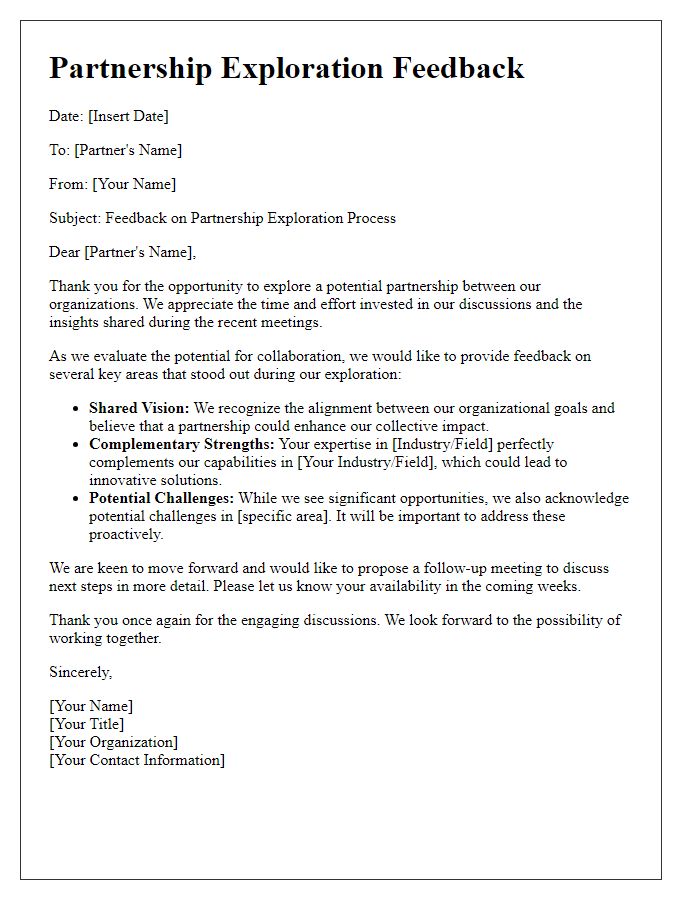 Letter template of feedback for partnership exploration process