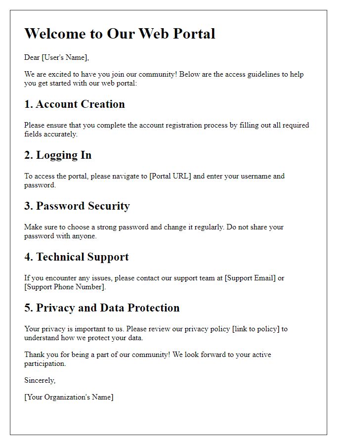 Letter template of web portal access guidelines for new users