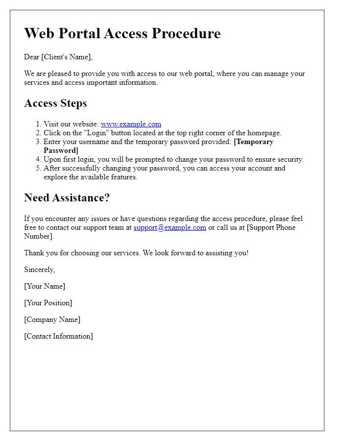 Letter template of web portal access procedure for clients