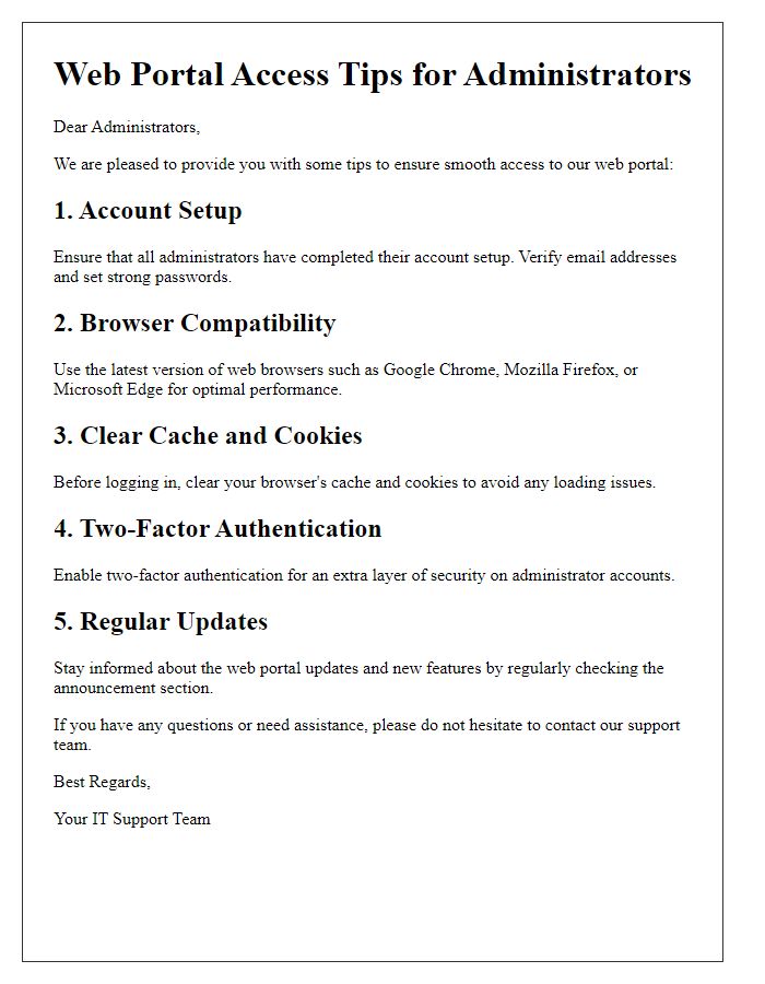 Letter template of web portal access tips for administrators