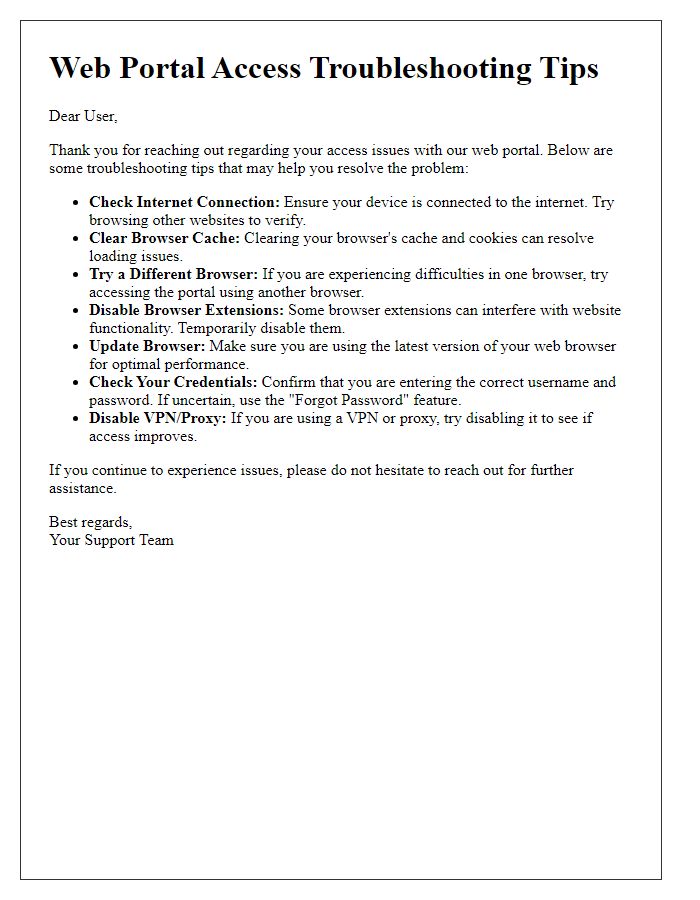 Letter template of web portal access troubleshooting tips for users
