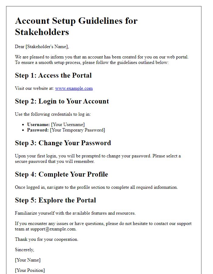 Letter template of web portal account setup guidelines for stakeholders