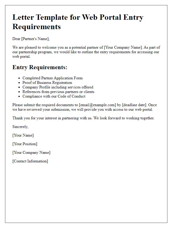 Letter template of web portal entry requirements for partners