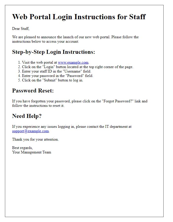 Letter template of web portal login instructions for staff