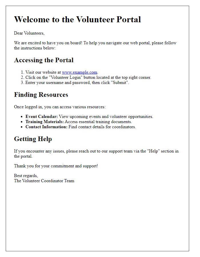 Letter template of web portal navigation instructions for volunteers