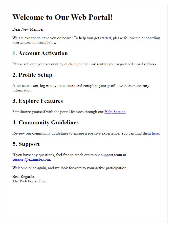 Letter template of web portal onboarding instructions for new members