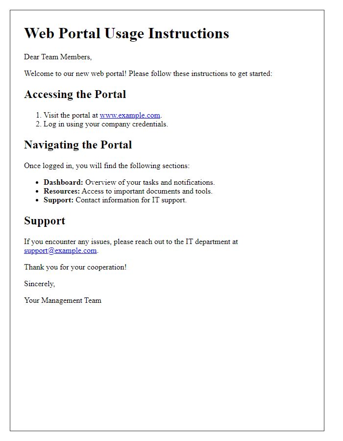 Letter template of web portal usage instructions for team members