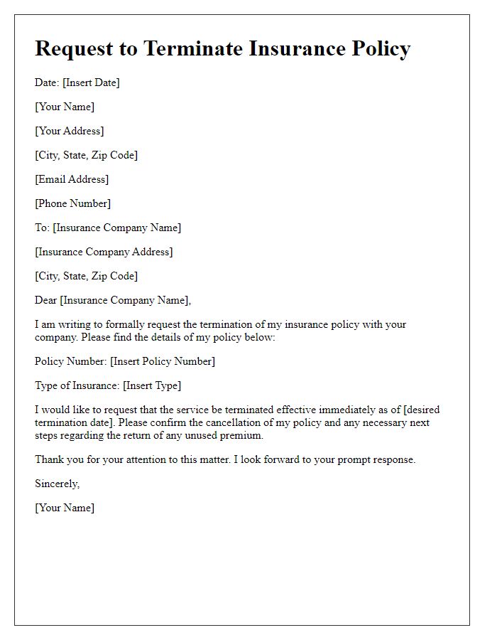 Letter template of customer request to end insurance service.