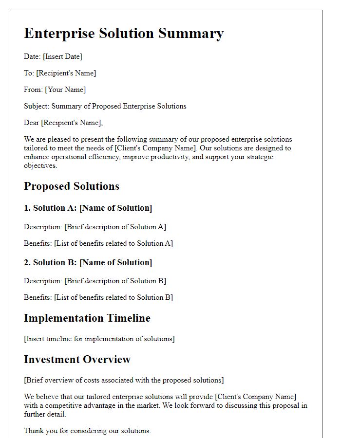 Letter template of enterprise solution summary.