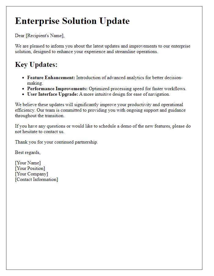 Letter template of enterprise solution update.