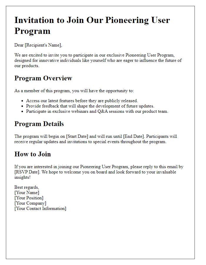 Letter template of pioneering user program invitation