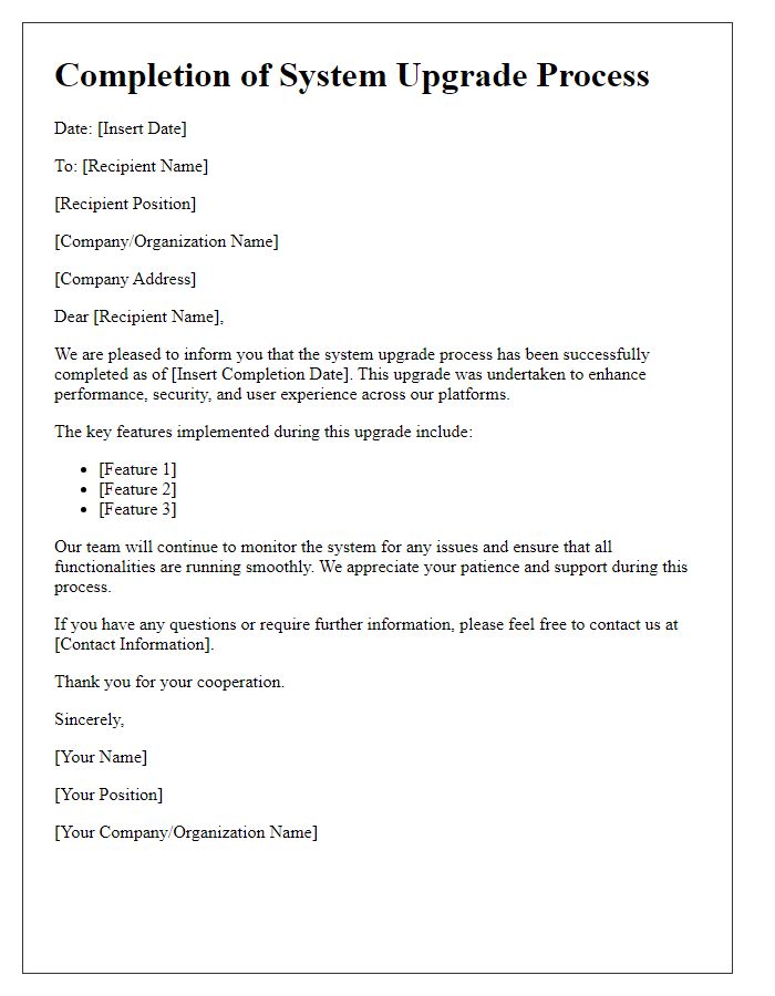 Letter template of Completion of System Upgrade Process