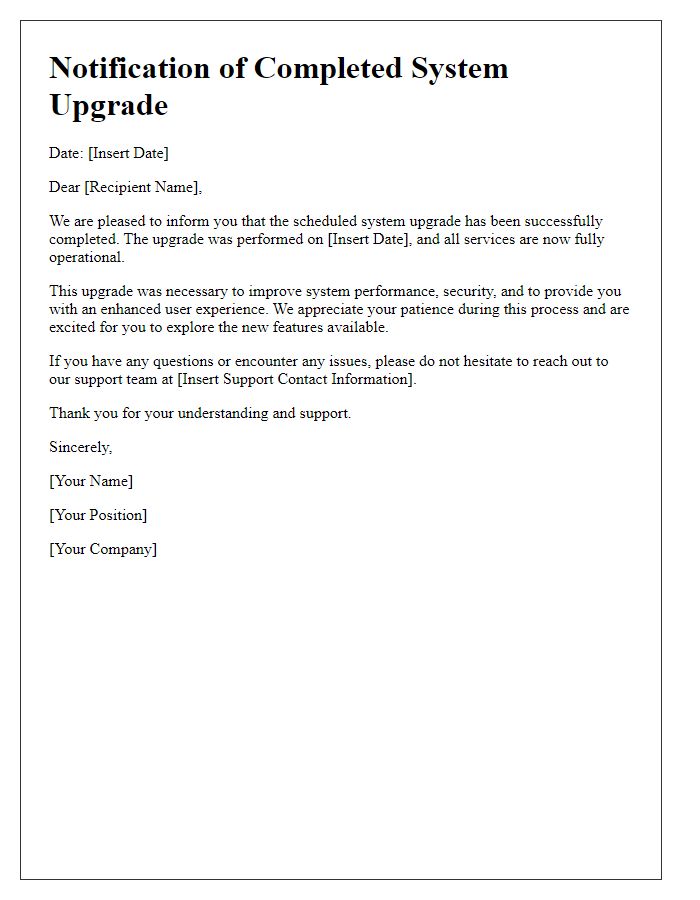 Letter template of Notification for Completed System Upgrade