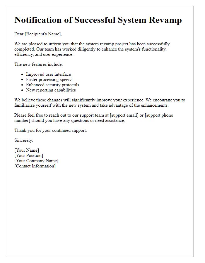 Letter template of Notification for Successful System Revamp