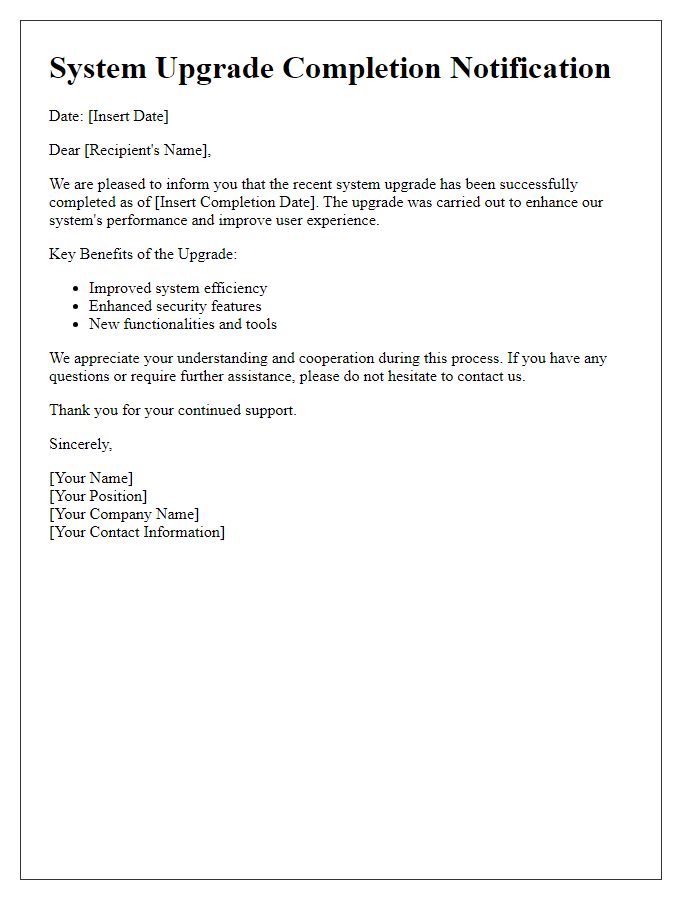 Letter template of Successfully Completed System Upgrade