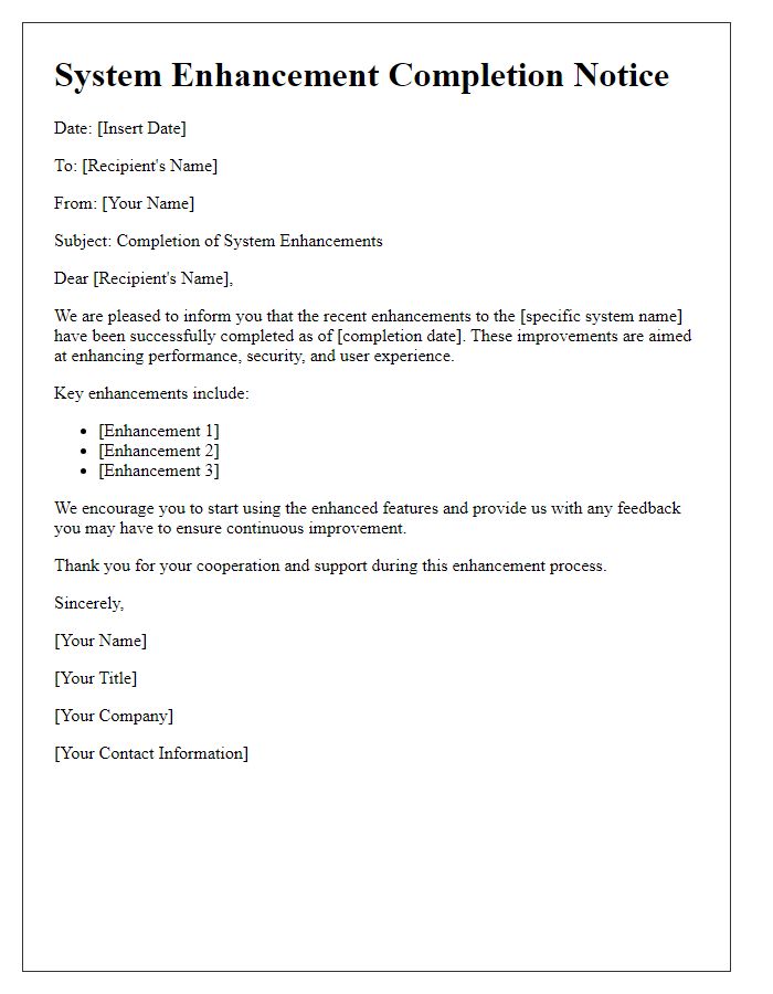 Letter template of System Enhancement Completion Notice