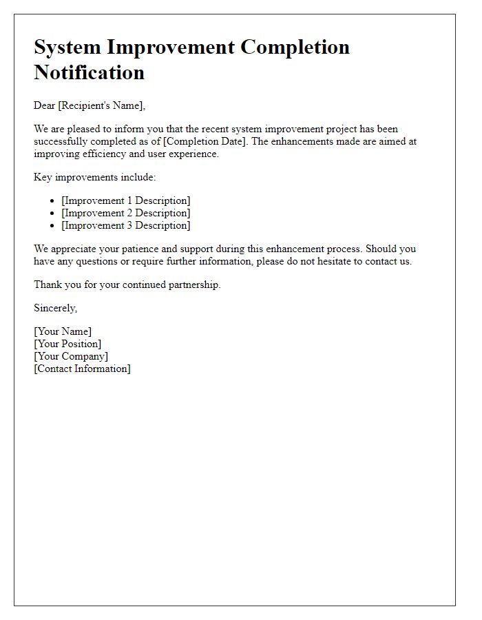 Letter template of System Improvement Completion Notification