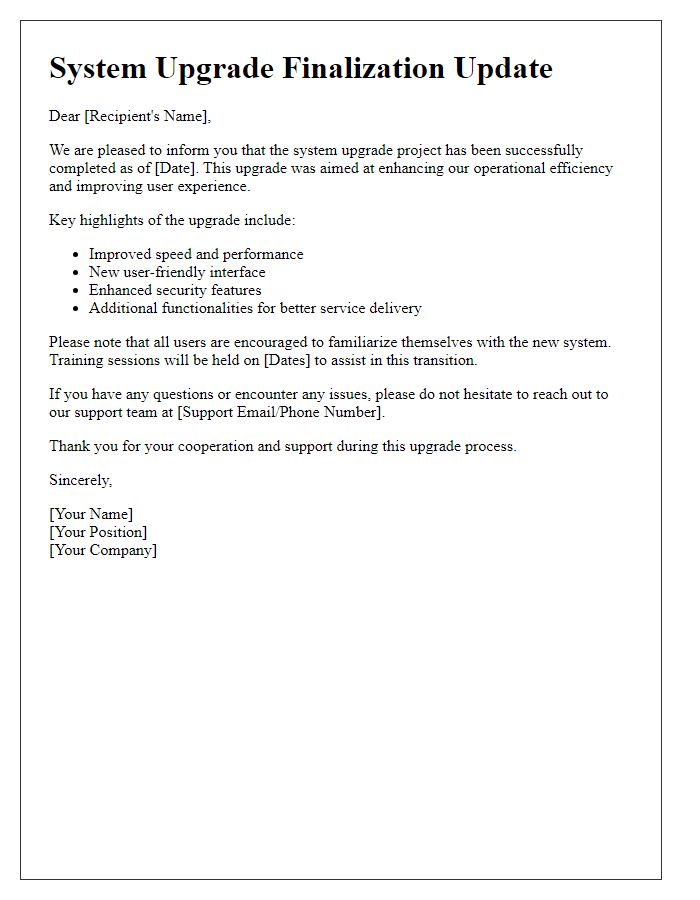 Letter template of System Upgrade Finalization Update