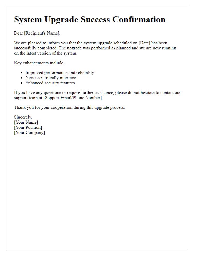Letter template of System Upgrade Success Confirmation