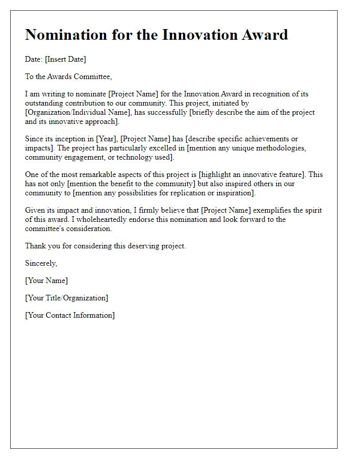 Letter template of innovation award nomination for a community project.