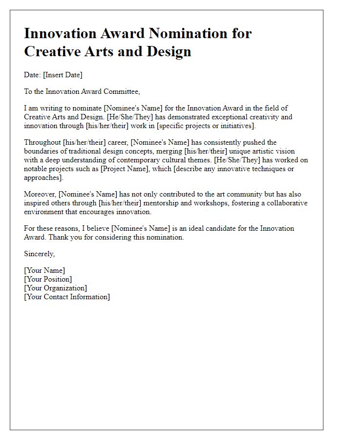 Letter template of innovation award nomination for creative arts and design.